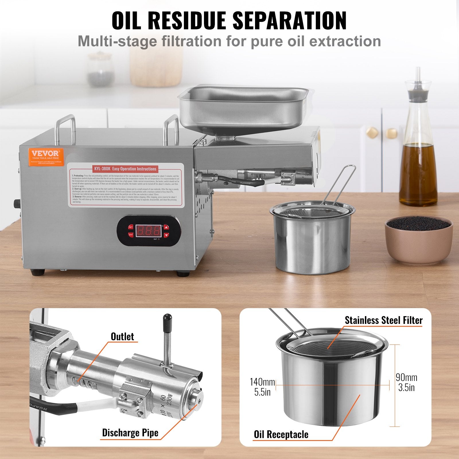 Electric Oil Press Machine, 850W Stainless Steel Oil Extractor Machine, Adjustable Temperature, Hot Press Oil V952-DDZYJ850W15KNVY87V3