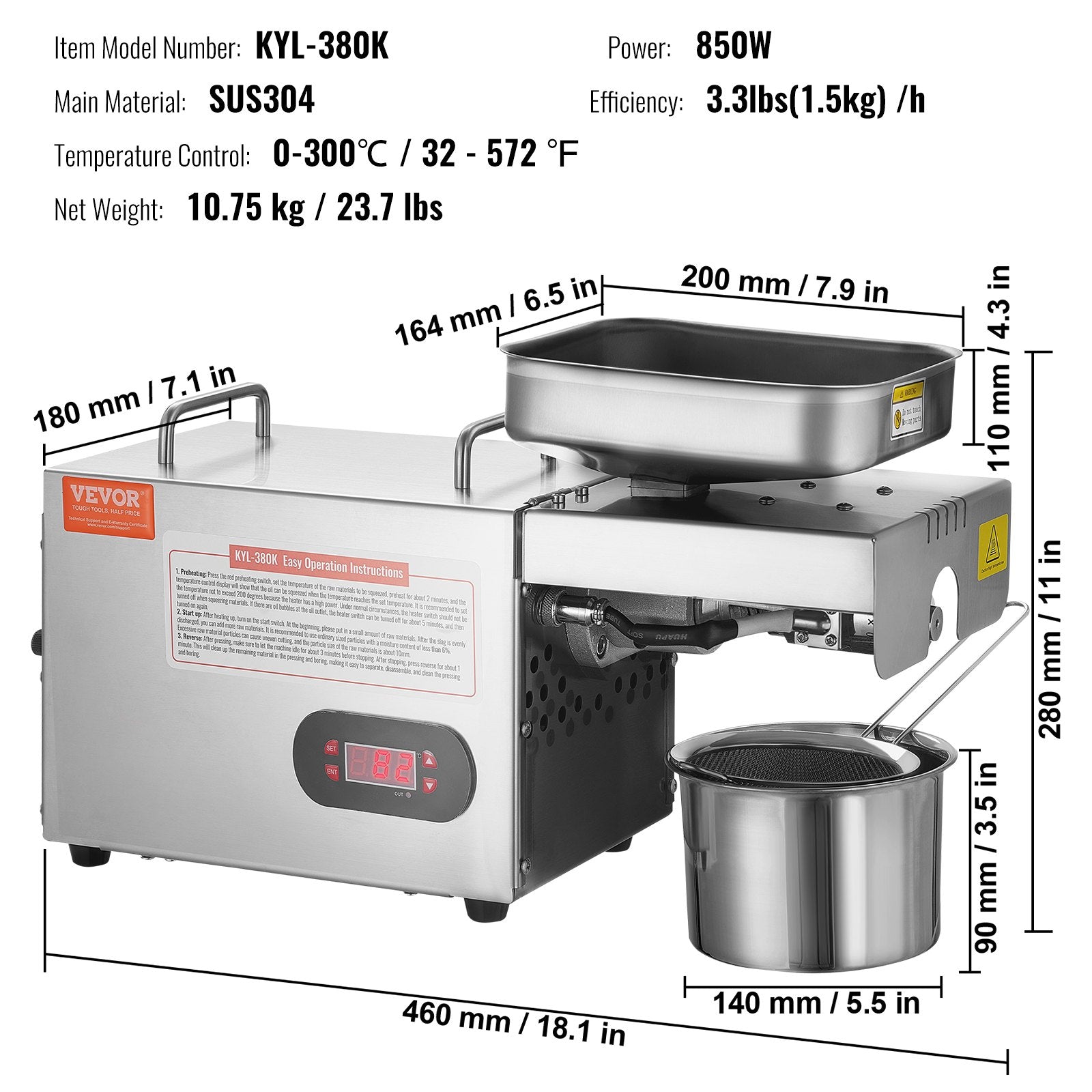Electric Oil Press Machine, 850W Stainless Steel Oil Extractor Machine, Adjustable Temperature, Hot Press Oil V952-DDZYJ850W15KNVY87V3