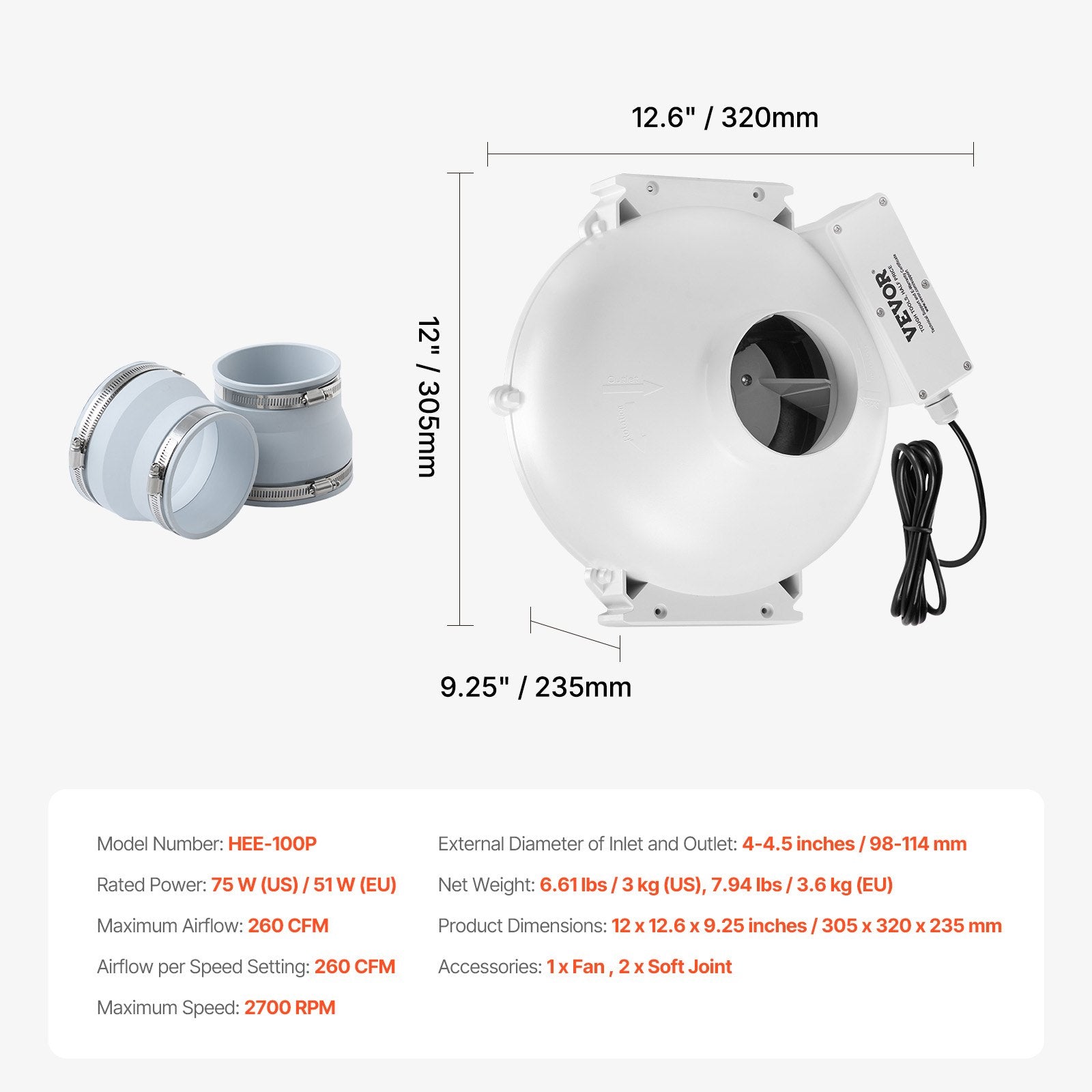 4" to 4.5" Radon Mitigation Fan System Quiet 260CFM Inline Duct Waterproof V952-DFSDJ4INCH26WNZBVV3
