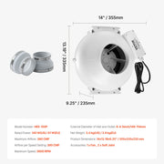 4" to 4.5" Radon Mitigation Fan System Quiet 380CFM Inline Duct Waterproof V952-DFSDJ6INCH3813O5AV3