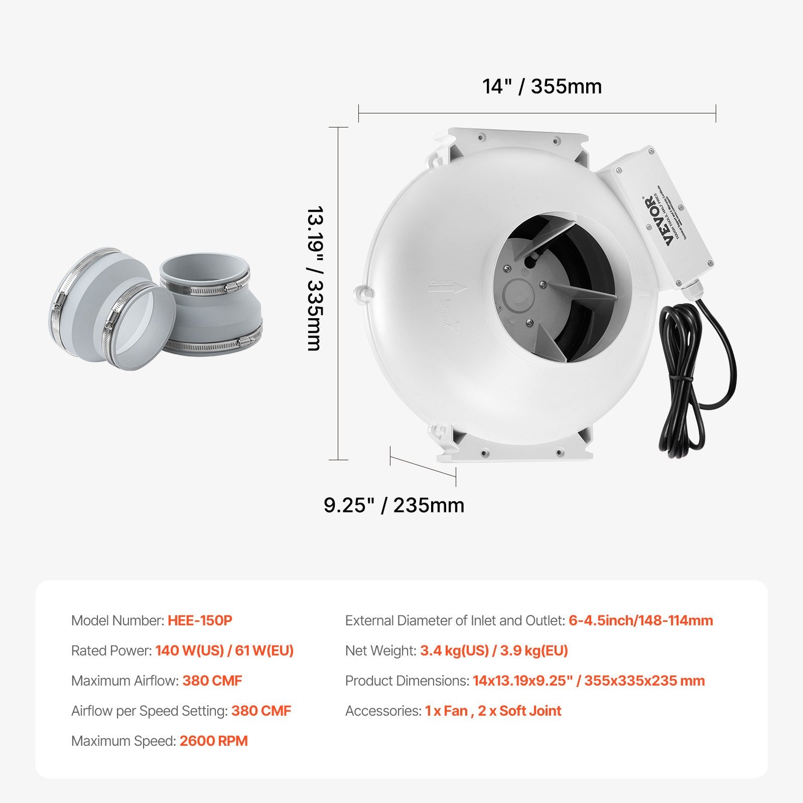 4" to 4.5" Radon Mitigation Fan System Quiet 380CFM Inline Duct Waterproof V952-DFSDJ6INCH3813O5AV3