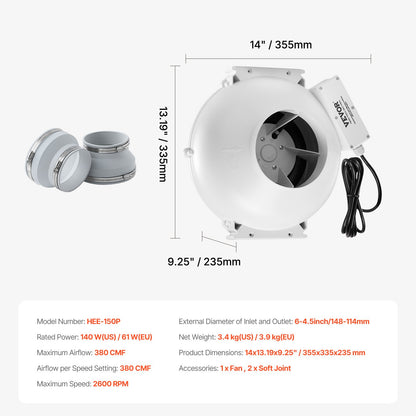 4" to 4.5" Radon Mitigation Fan System Quiet 380CFM Inline Duct Waterproof V952-DFSDJ6INCH3813O5AV3