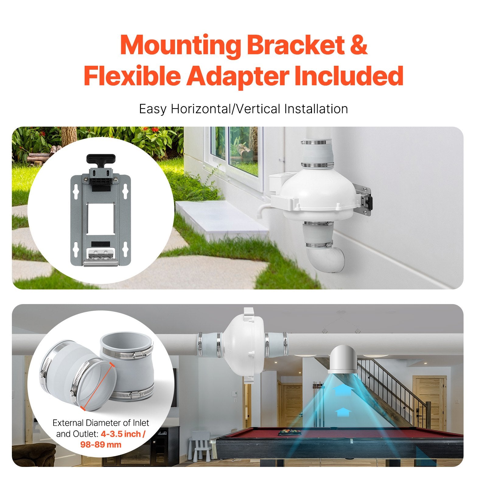 4" to 3.5" Radon Mitigation Fan System Kit Quiet 260 CFM Inline Duct Fan V952-DFSTJ4INCH267V2HBV3