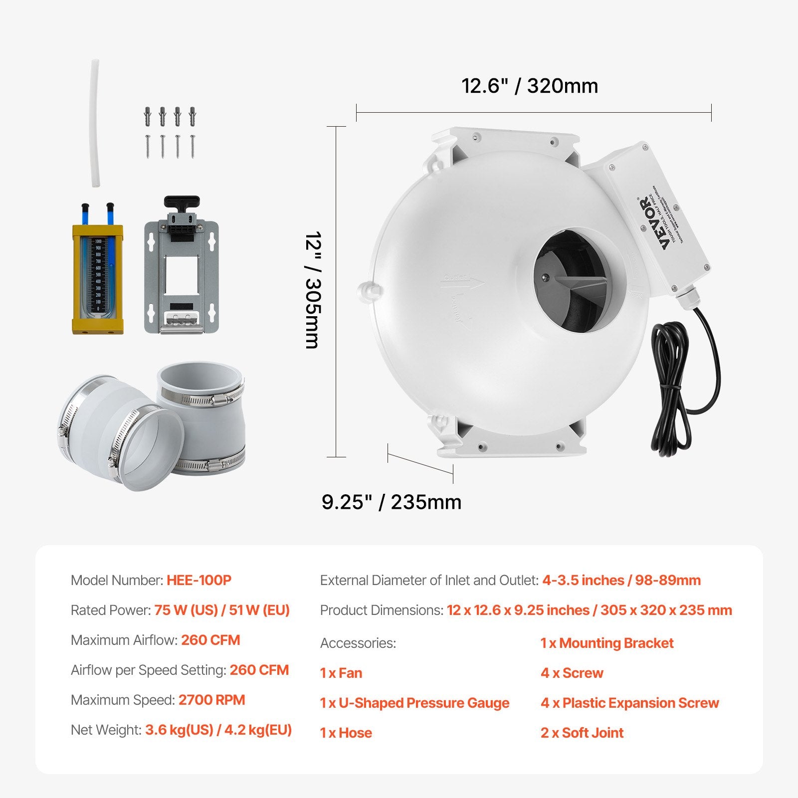 4" to 3.5" Radon Mitigation Fan System Kit Quiet 260 CFM Inline Duct Fan V952-DFSTJ4INCH267V2HBV3