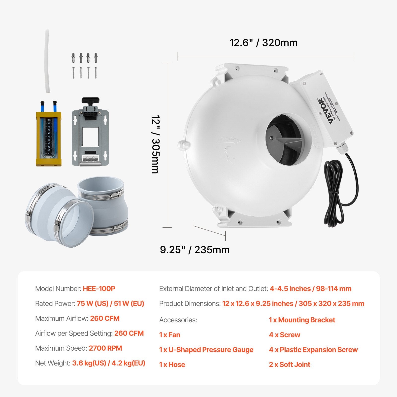 4" to 4.5" Radon Mitigation Fan System Kit Quiet 260 CFM Inline Duct Fan V952-DFSTJ4INCH26M7KEAV3