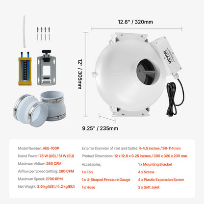 4" to 4.5" Radon Mitigation Fan System Kit Quiet 260 CFM Inline Duct Fan V952-DFSTJ4INCH26M7KEAV3