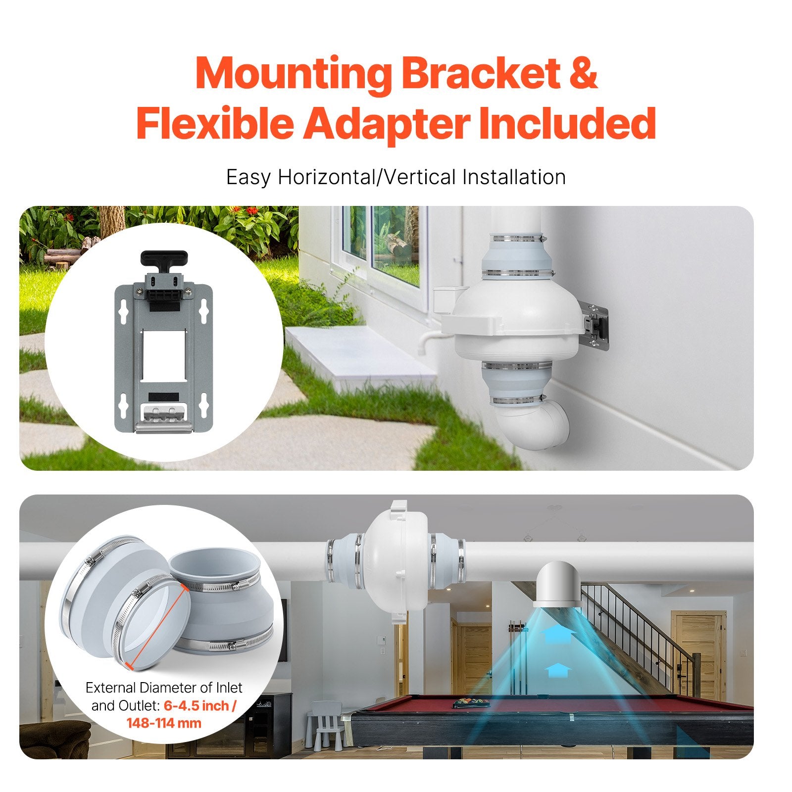 6" to 4.5" Radon Mitigation Fan System Kit Quiet 380 CFM Inline Duct Fan V952-DFSTJ6INCH38V4LNDV3