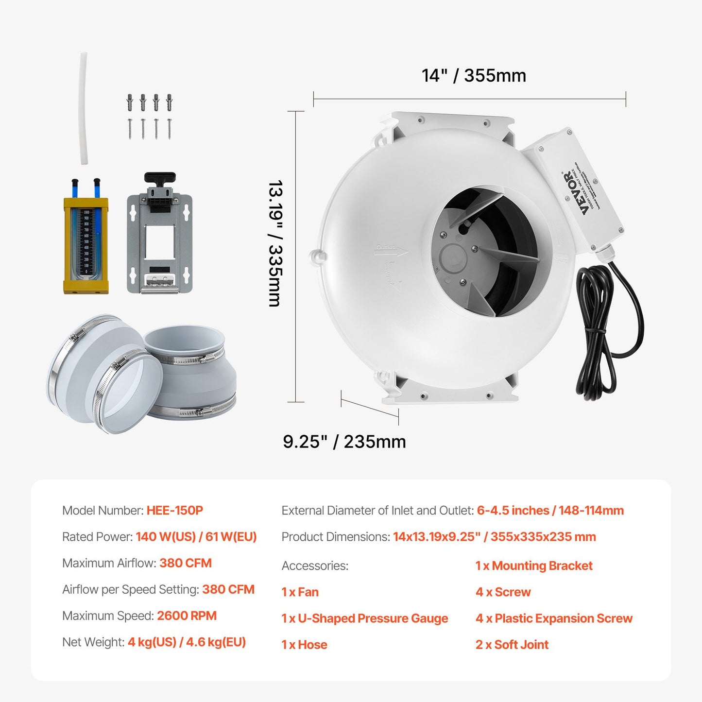 6" to 4.5" Radon Mitigation Fan System Kit Quiet 380 CFM Inline Duct Fan V952-DFSTJ6INCH38V4LNDV3