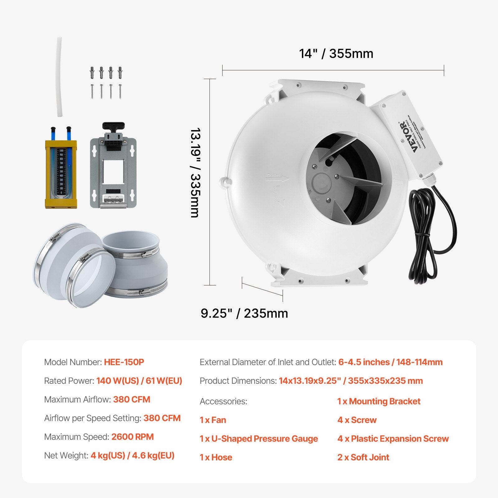 6" to 4.5" Radon Mitigation Fan System Kit Quiet 380 CFM Inline Duct Fan V952-DFSTJ6INCH38V4LNDV3
