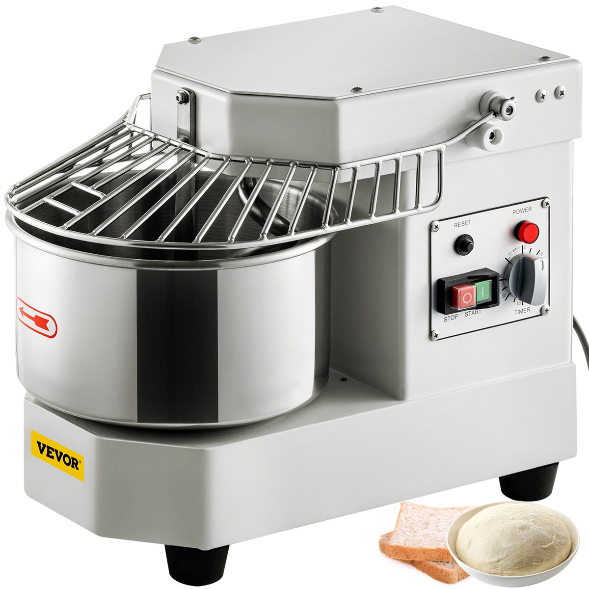 Commercial Dough Food Mixer, 8L Large Capacity Stainless Steel Mixer with Bowel, Hook, Shield, Reset Button, V952-DGBMD8-8L220VQPKVV3