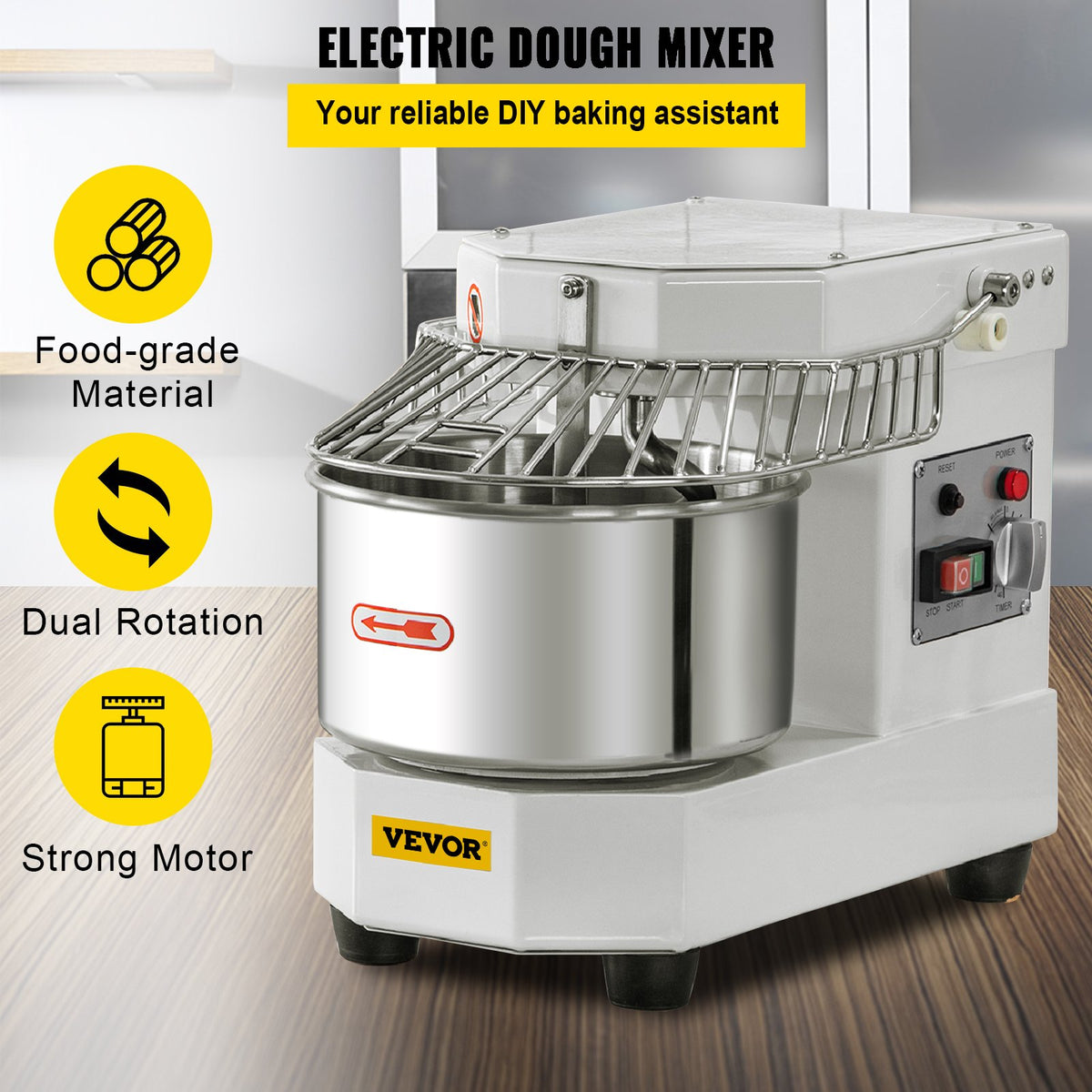 Commercial Dough Food Mixer, 8L Large Capacity Stainless Steel Mixer with Bowel, Hook, Shield, Reset Button, V952-DGBMD8-8L220VQPKVV3
