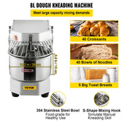 Commercial Dough Food Mixer, 8L Large Capacity Stainless Steel Mixer with Bowel, Hook, Shield, Reset Button, V952-DGBMD8-8L220VQPKVV3