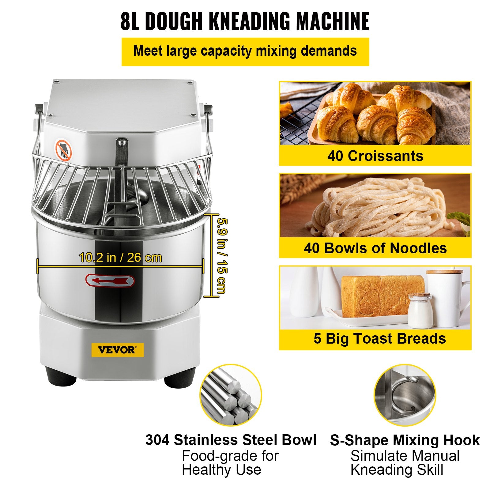Commercial Dough Food Mixer, 8L Large Capacity Stainless Steel Mixer with Bowel, Hook, Shield, Reset Button, V952-DGBMD8-8L220VQPKVV3