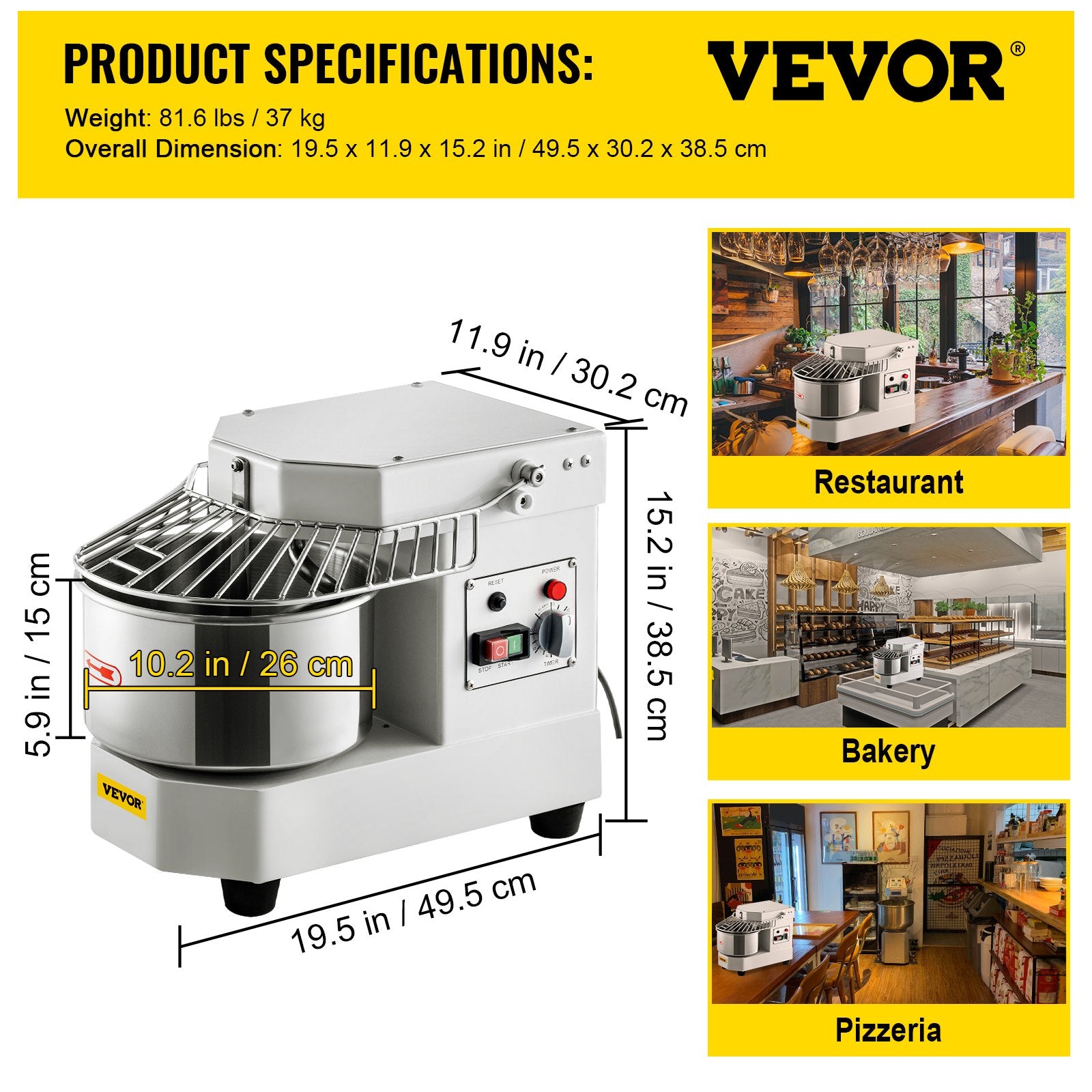 Commercial Dough Food Mixer, 8L Large Capacity Stainless Steel Mixer with Bowel, Hook, Shield, Reset Button, V952-DGBMD8-8L220VQPKVV3