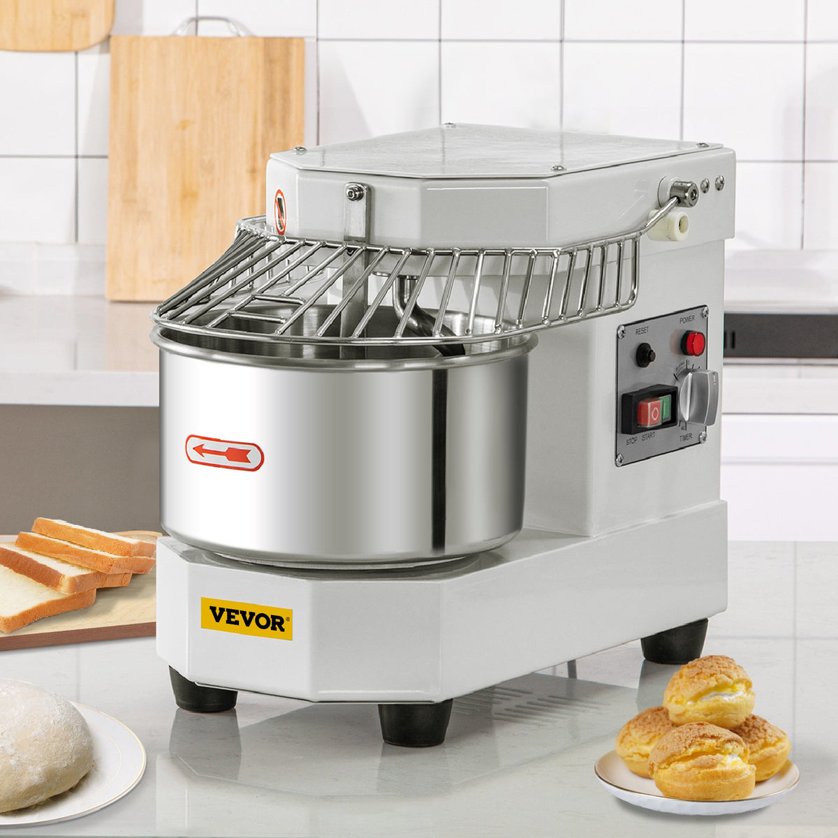 Commercial Dough Food Mixer, 8L Large Capacity Stainless Steel Mixer with Bowel, Hook, Shield, Reset Button, V952-DGBMD8-8L220VQPKVV3