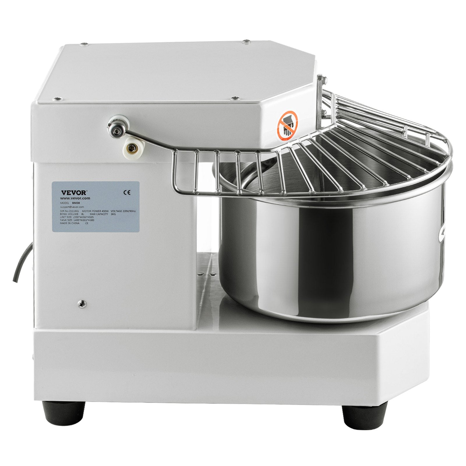 Commercial Dough Food Mixer, 8L Large Capacity Stainless Steel Mixer with Bowel, Hook, Shield, Reset Button, V952-DGBMD8-8L220VQPKVV3