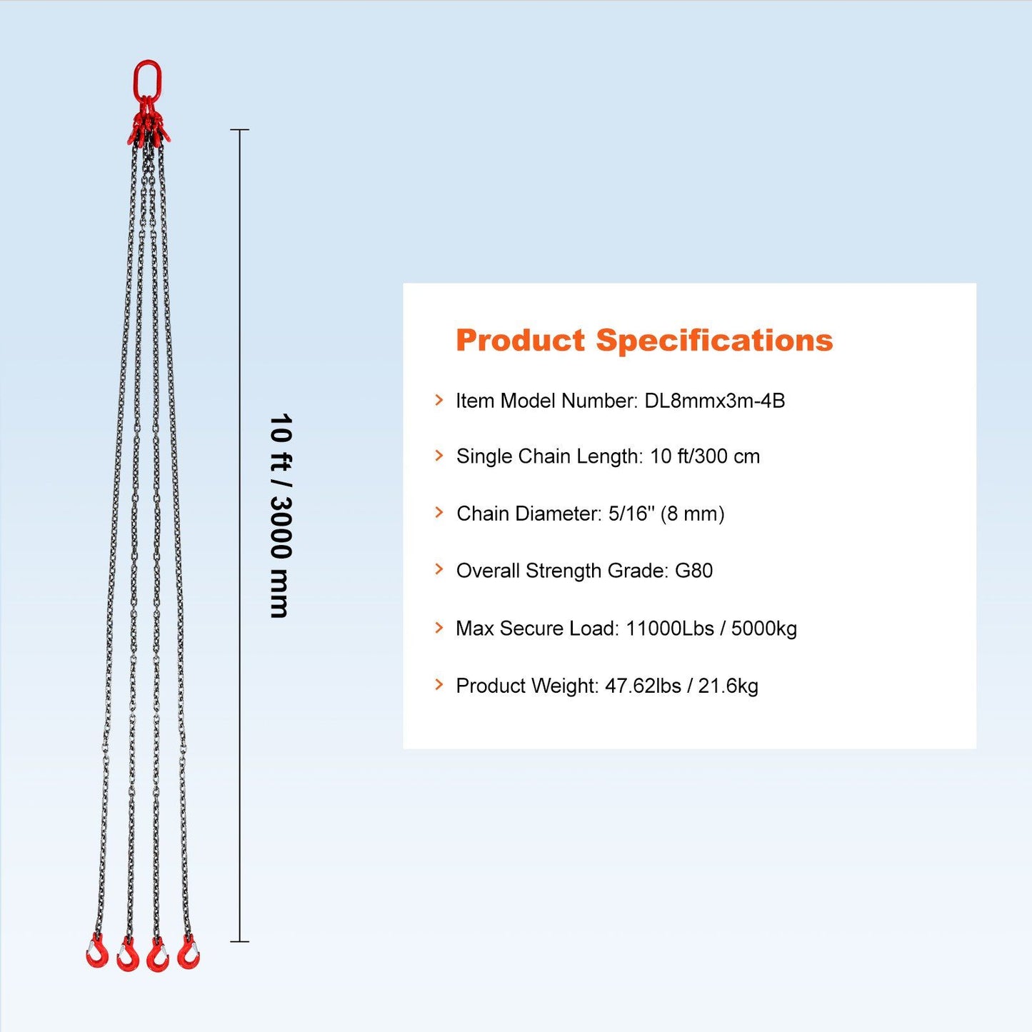 Chain Sling, 8 mm x 300 cm Lifting Chains with Hooks, G80 Engine Chain Hoist Lifts, 5 Ton Lifting Sling V952-DGDLHHMGFH1JG4PKZV0