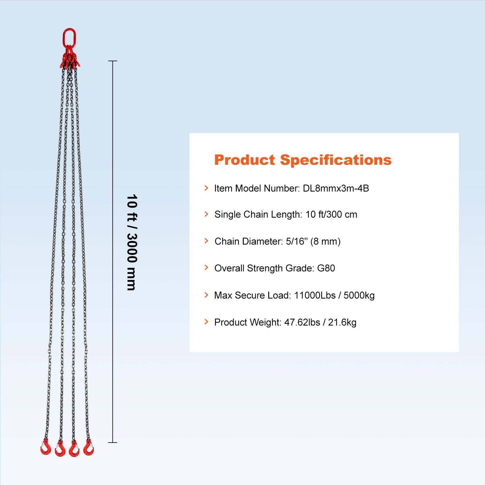 Chain Sling, 8 mm x 300 cm Lifting Chains with Hooks, G80 Engine Chain Hoist Lifts, 5 Ton Lifting Sling V952-DGDLHHMGFH1JG4PKZV0
