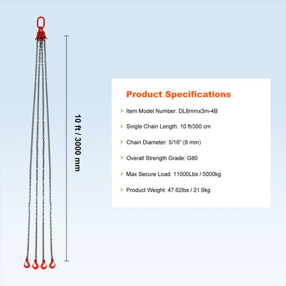 Chain Sling, 8 mm x 300 cm Lifting Chains with Hooks, G80 Engine Chain Hoist Lifts, 5 Ton Lifting Sling V952-DGDLHHMGFH1JG4PKZV0