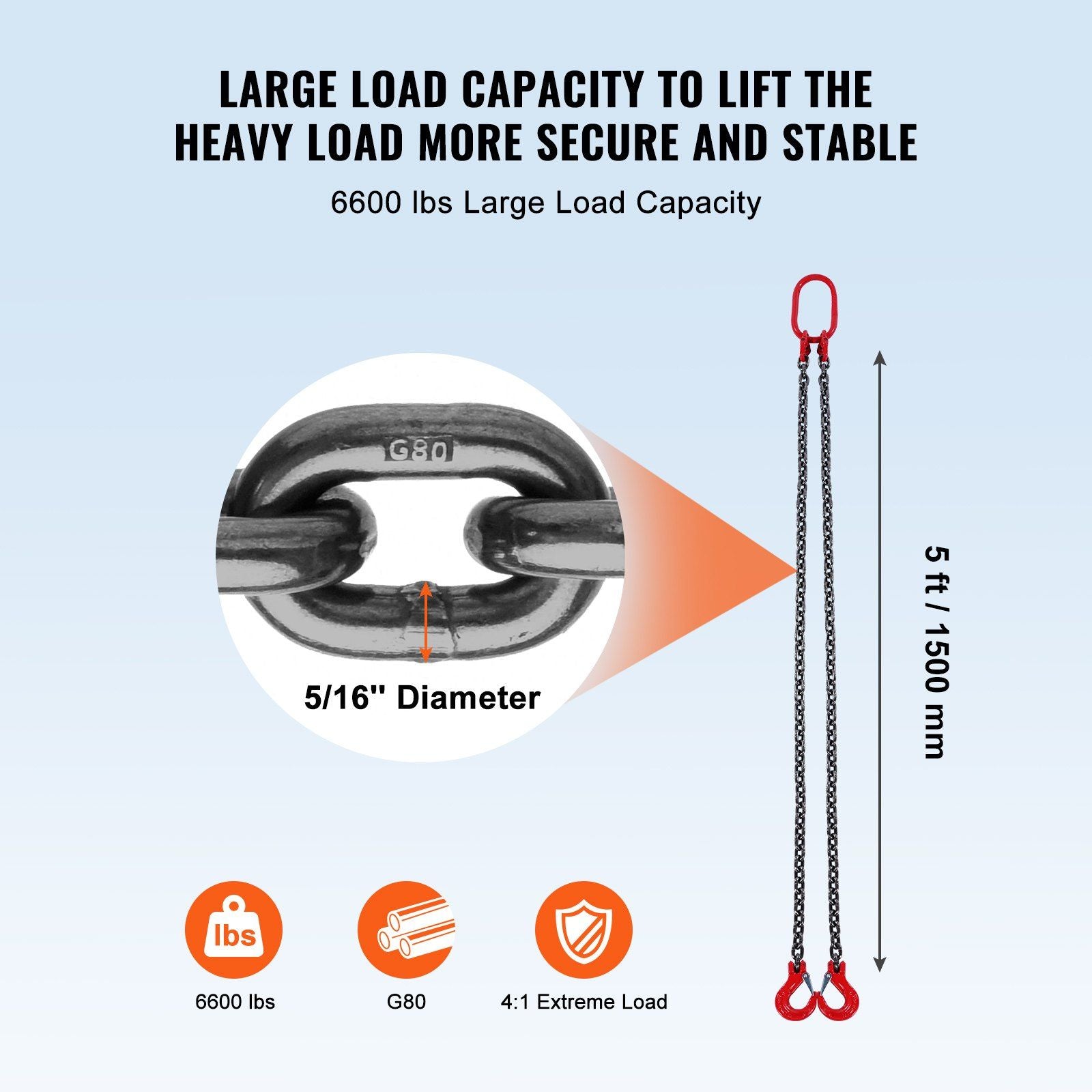 Chain Sling, 8 mm x 150 cm Lifting Chains with Hooks, G80 Engine Chain Hoist Lifts, 3 Ton Capacity Lifting V952-DGDLHHMGFH1JITULLV0