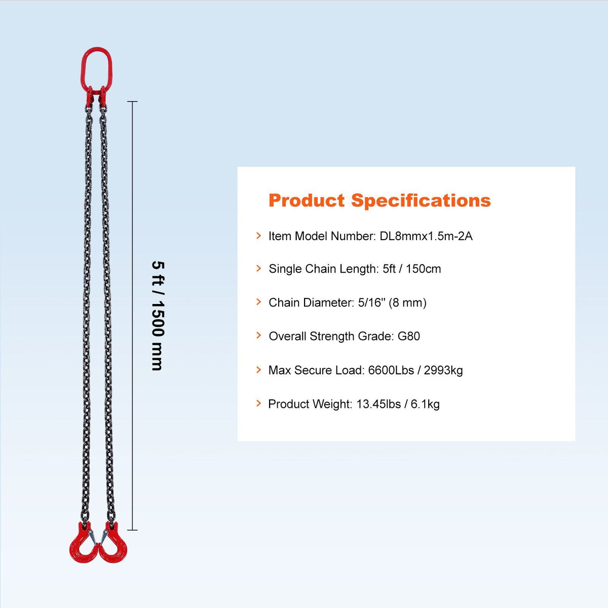 Chain Sling, 8 mm x 150 cm Lifting Chains with Hooks, G80 Engine Chain Hoist Lifts, 3 Ton Capacity Lifting V952-DGDLHHMGFH1JITULLV0