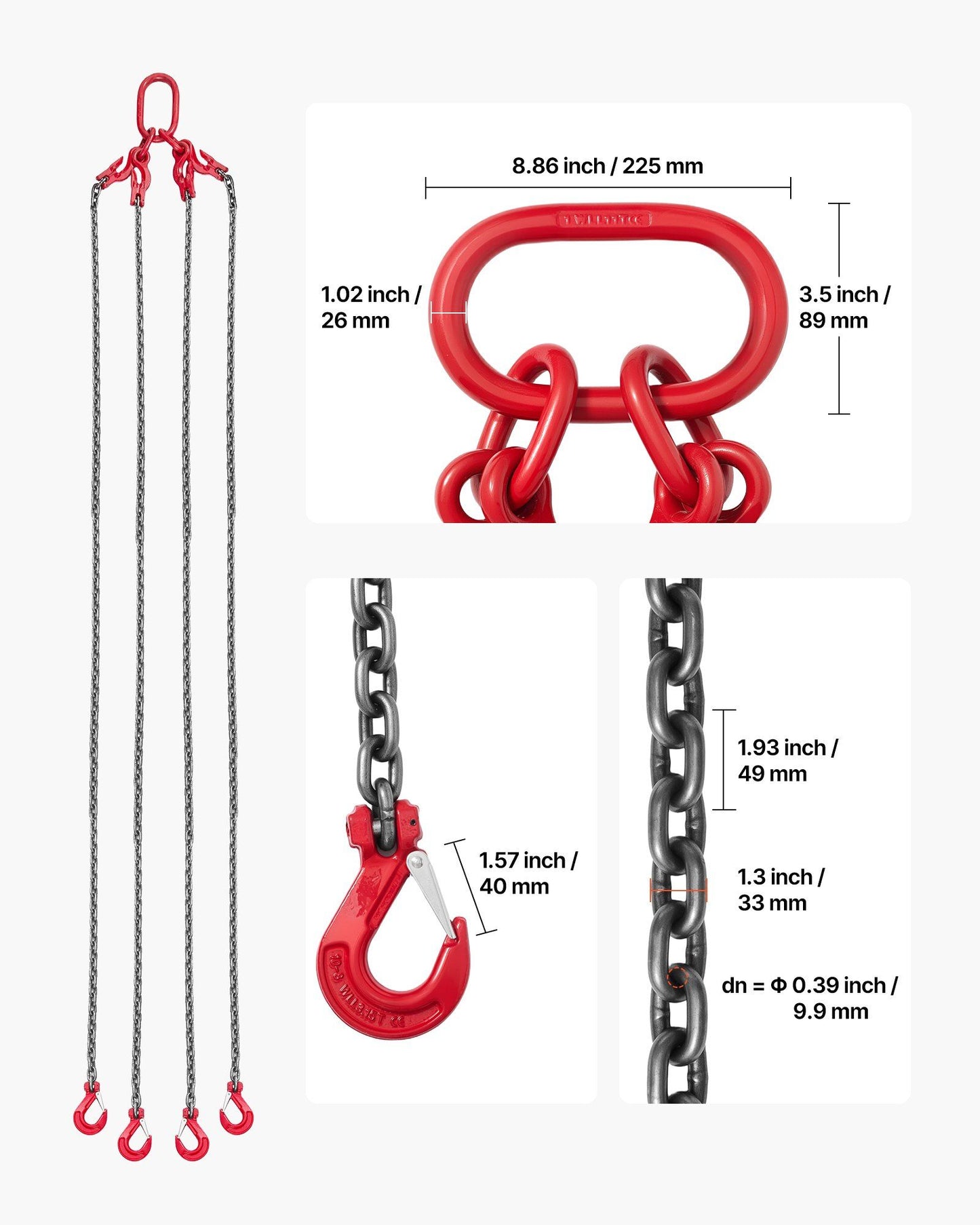 Chain Sling, 10mm x 3 m Lifting Chains with 4 Leg Grab Hooks, Heavy Duty G80 Alloy Steel Lifting Sling, 10.4 V952-DGDLHHMGFH1JKA9OV001V0