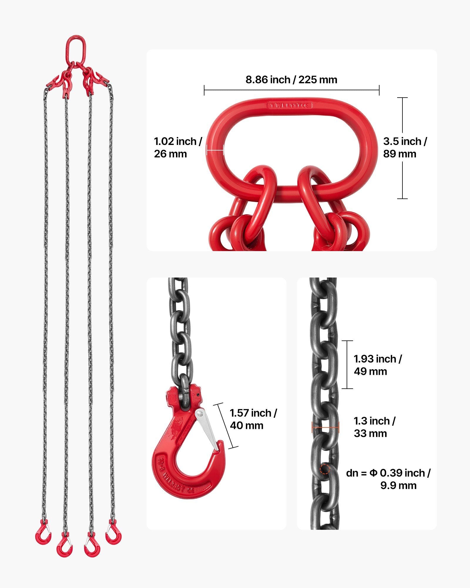 Chain Sling, 10mm x 3 m Lifting Chains with 4 Leg Grab Hooks, Heavy Duty G80 Alloy Steel Lifting Sling, 10.4 V952-DGDLHHMGFH1JKA9OV001V0