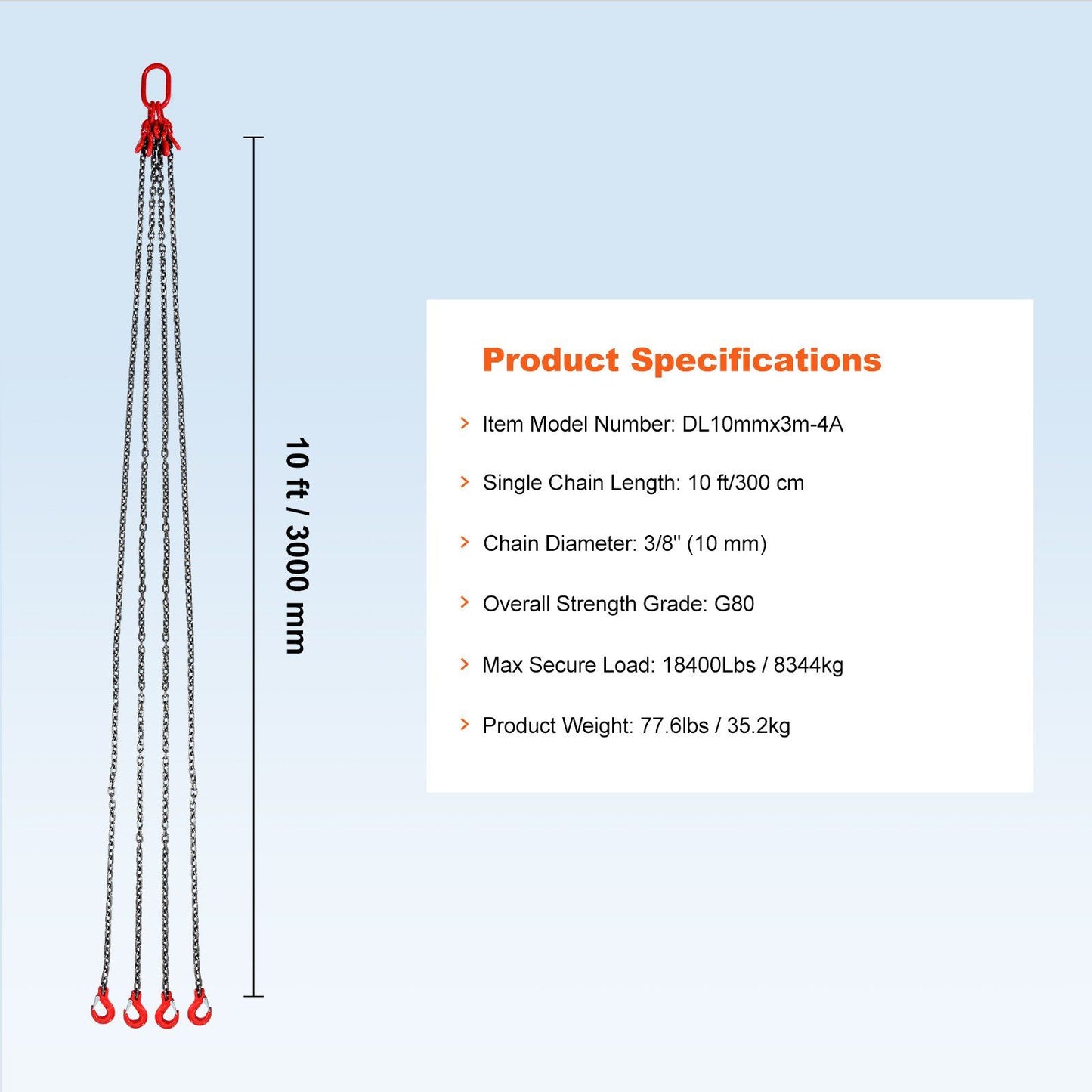 Chain Sling, 10 mm x 300 cm Lifting Chains with Hooks, G80 Engine Chain Hoist Lifts, 8 Ton/8344 kg Lifting V952-DGDLHHMGFH1JVNVOQV0