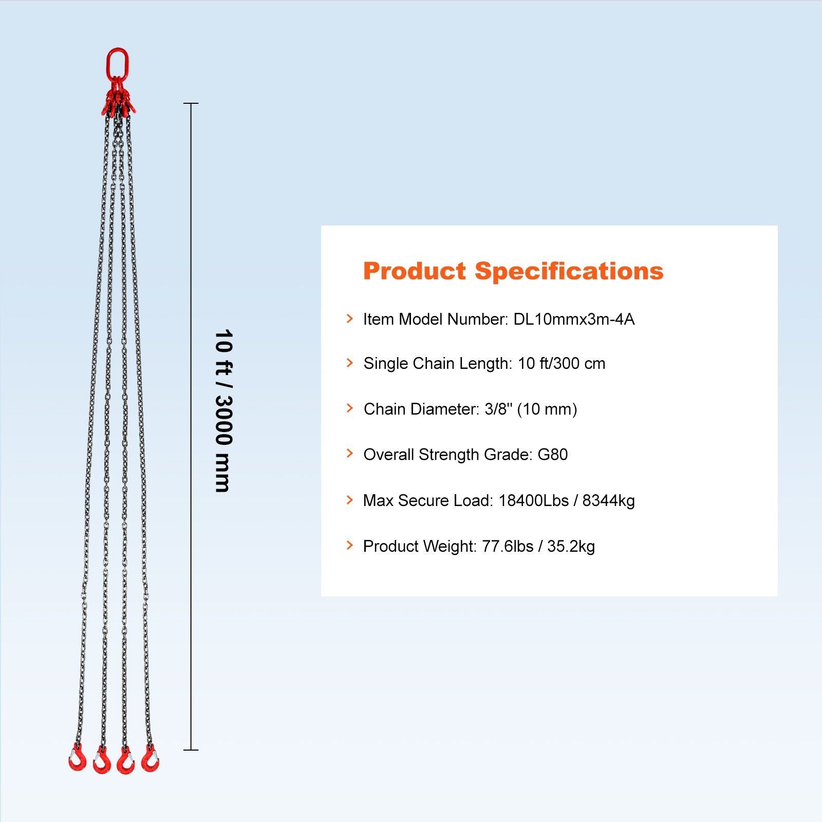 Chain Sling, 10 mm x 300 cm Lifting Chains with Hooks, G80 Engine Chain Hoist Lifts, 8 Ton/8344 kg Lifting V952-DGDLHHMGFH1JVNVOQV0
