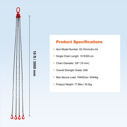 Chain Sling, 10 mm x 300 cm Lifting Chains with Hooks, G80 Engine Chain Hoist Lifts, 8 Ton/8344 kg Lifting V952-DGDLHHMGFH1JVNVOQV0