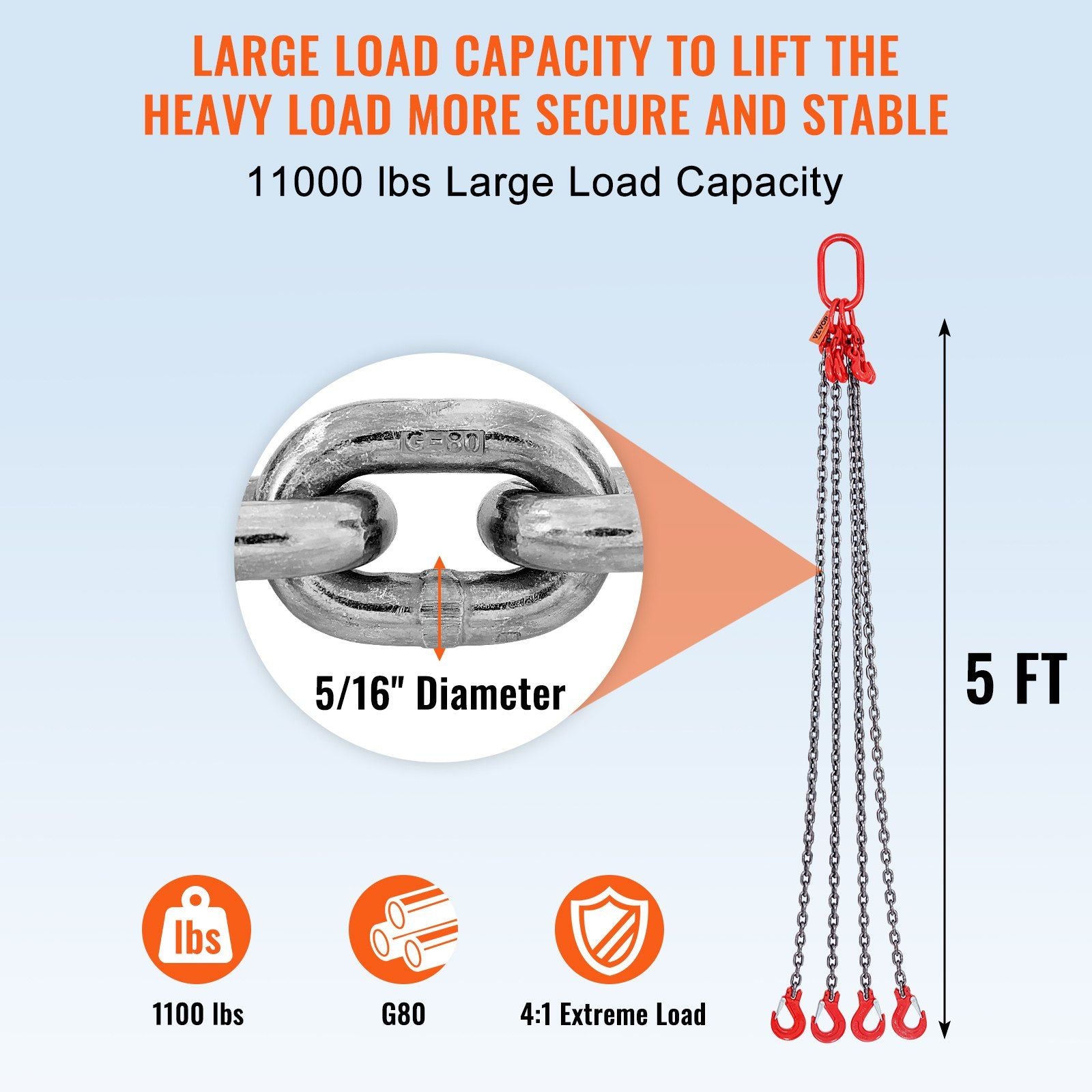 Chain Sling, 8 mm x 150 cm Lifting Chains with Hooks, G80 Engine Chain Hoist Lifts, 5 Ton Lifting Sling V952-DGDLJZMGFHZYJ5B2UV0