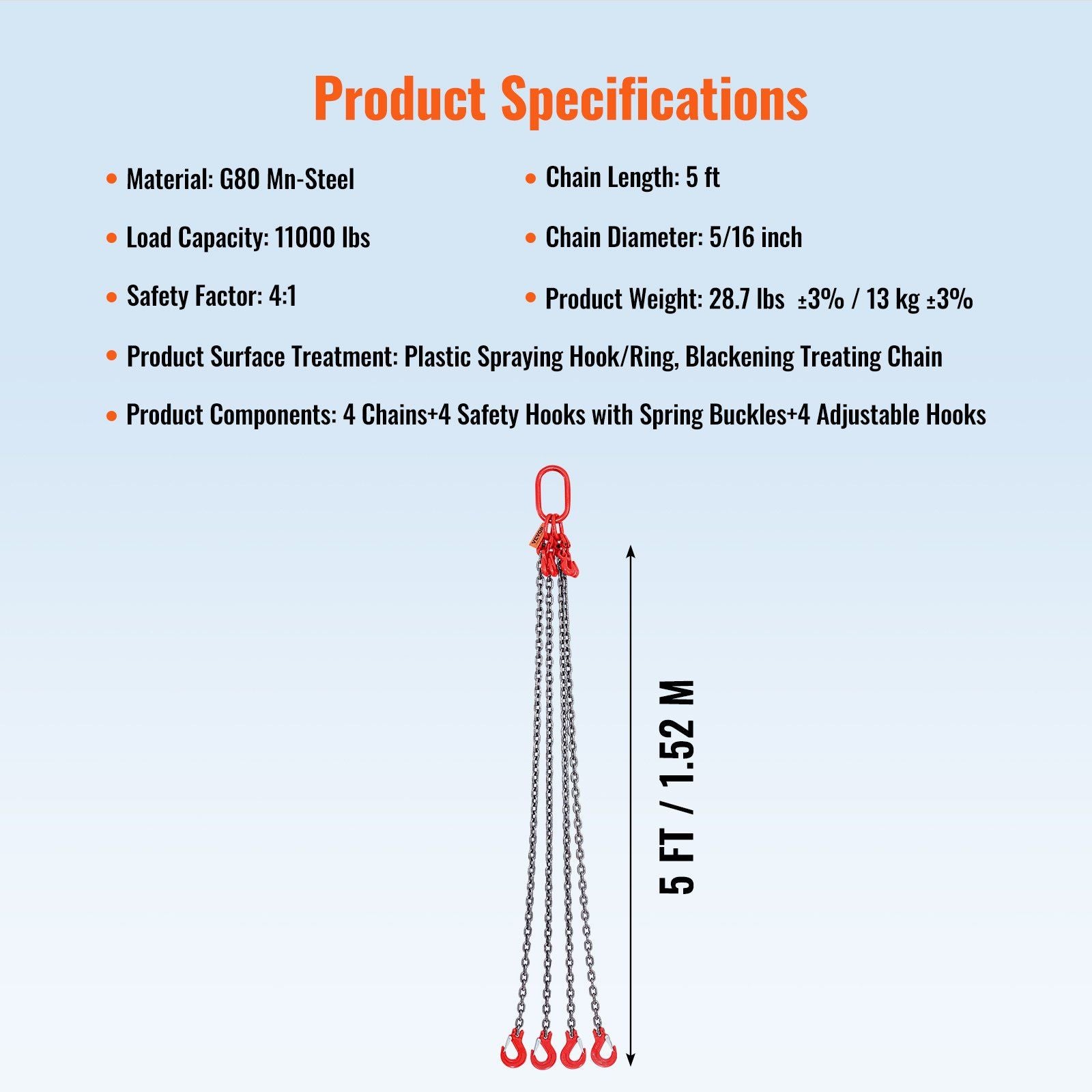 Chain Sling, 8 mm x 150 cm Lifting Chains with Hooks, G80 Engine Chain Hoist Lifts, 5 Ton Lifting Sling V952-DGDLJZMGFHZYJ5B2UV0