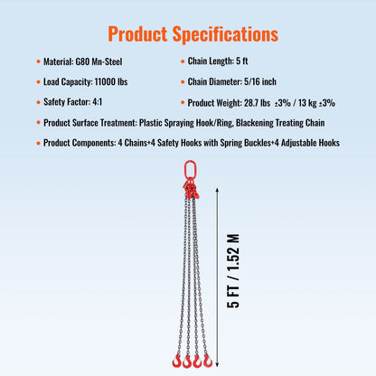 Chain Sling, 8 mm x 150 cm Lifting Chains with Hooks, G80 Engine Chain Hoist Lifts, 5 Ton Lifting Sling V952-DGDLJZMGFHZYJ5B2UV0