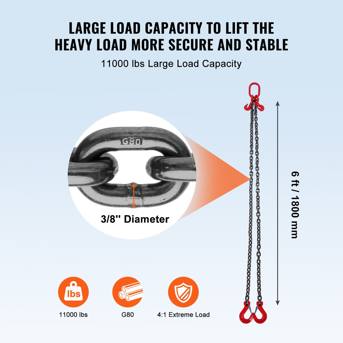 Chain Sling, 10 mm x 180 cm Lifting Chains with Hooks, G80 Engine Chain Hoist Lifts, 5 Ton Lifting Sling V952-DGDLMGFH1JZ67A30TV0