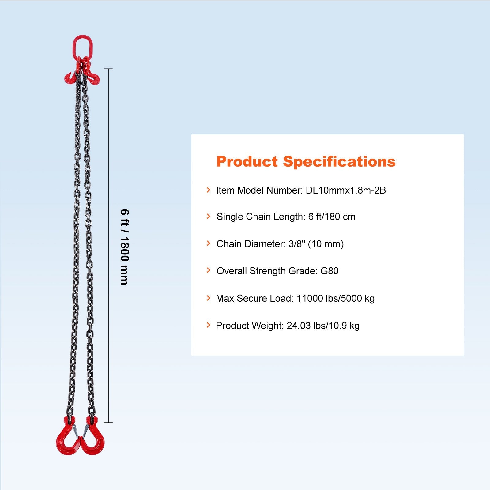 Chain Sling, 10 mm x 180 cm Lifting Chains with Hooks, G80 Engine Chain Hoist Lifts, 5 Ton Lifting Sling V952-DGDLMGFH1JZ67A30TV0