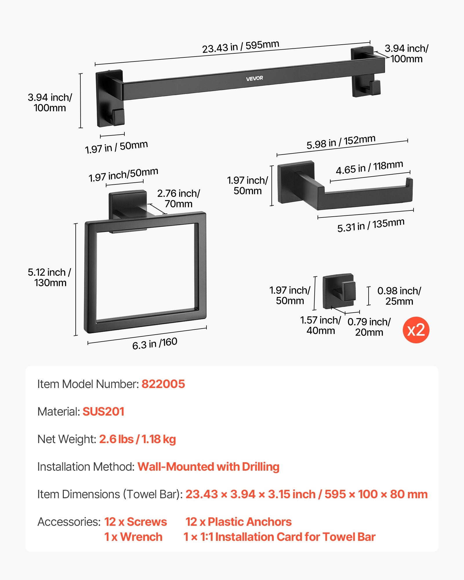 Matte Black Bathroom Hardware Set, 5 Pieces Stainless Steel Bathroom Accessories Set, 24-inch Towel Bar, V952-DGMJGTZ24INCSY6SO001V0