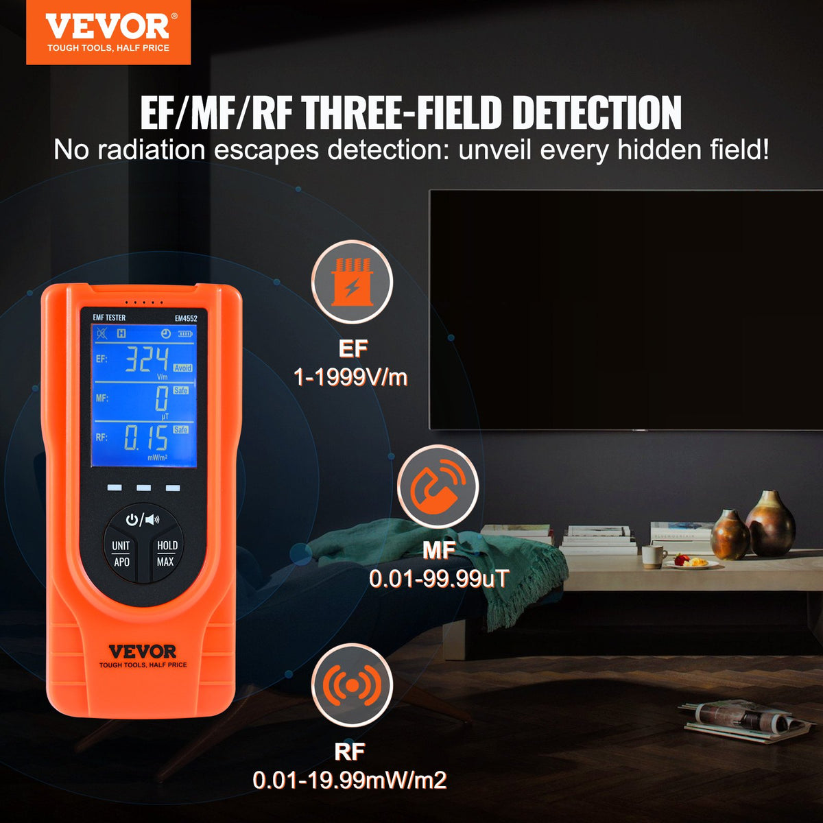 3-in-1 EMF Meter, 5Hz - 3.5GHz, Handheld Rechargeable Electromagnetic Field Radiation Detector, Digital LCD V952-DGNEMFJSHYWJZQJ5EV9
