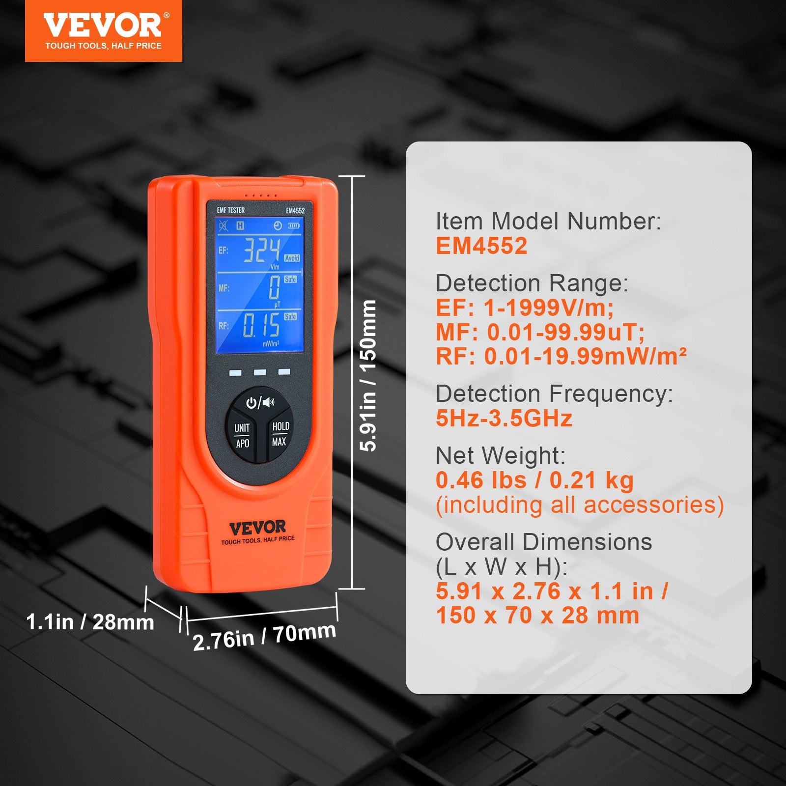 3-in-1 EMF Meter, 5Hz - 3.5GHz, Handheld Rechargeable Electromagnetic Field Radiation Detector, Digital LCD V952-DGNEMFJSHYWJZQJ5EV9