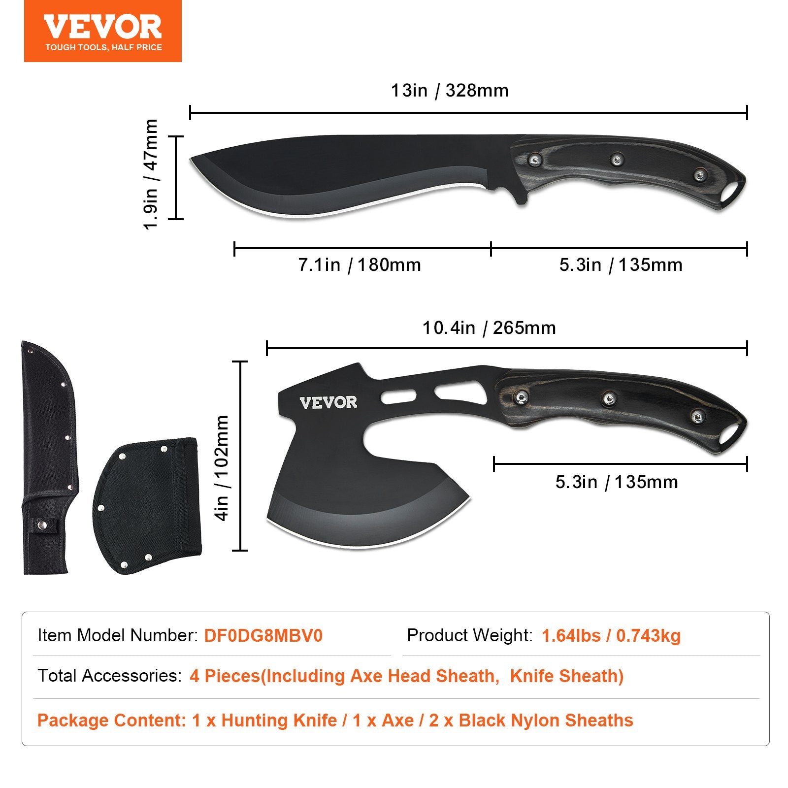 Hunting Knife and Hatchet Axe Combo Set Sheath Fixed Blade Knife Camping V952-DGNFCDTZLDF0DG8MBV0
