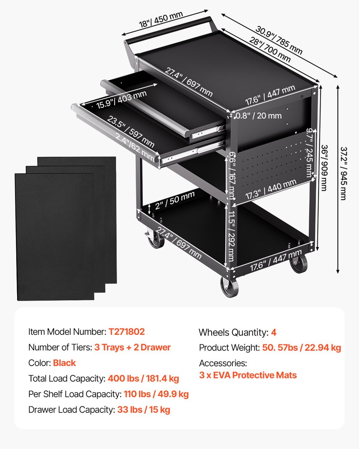 5-Tier Tool Cart with Wheels, 400 lbs Load Capacity, Rolling Work Cart with 2 Drawers & Pegboard, Mechanic V952-DGNGJCHCLYG22CMU5V0