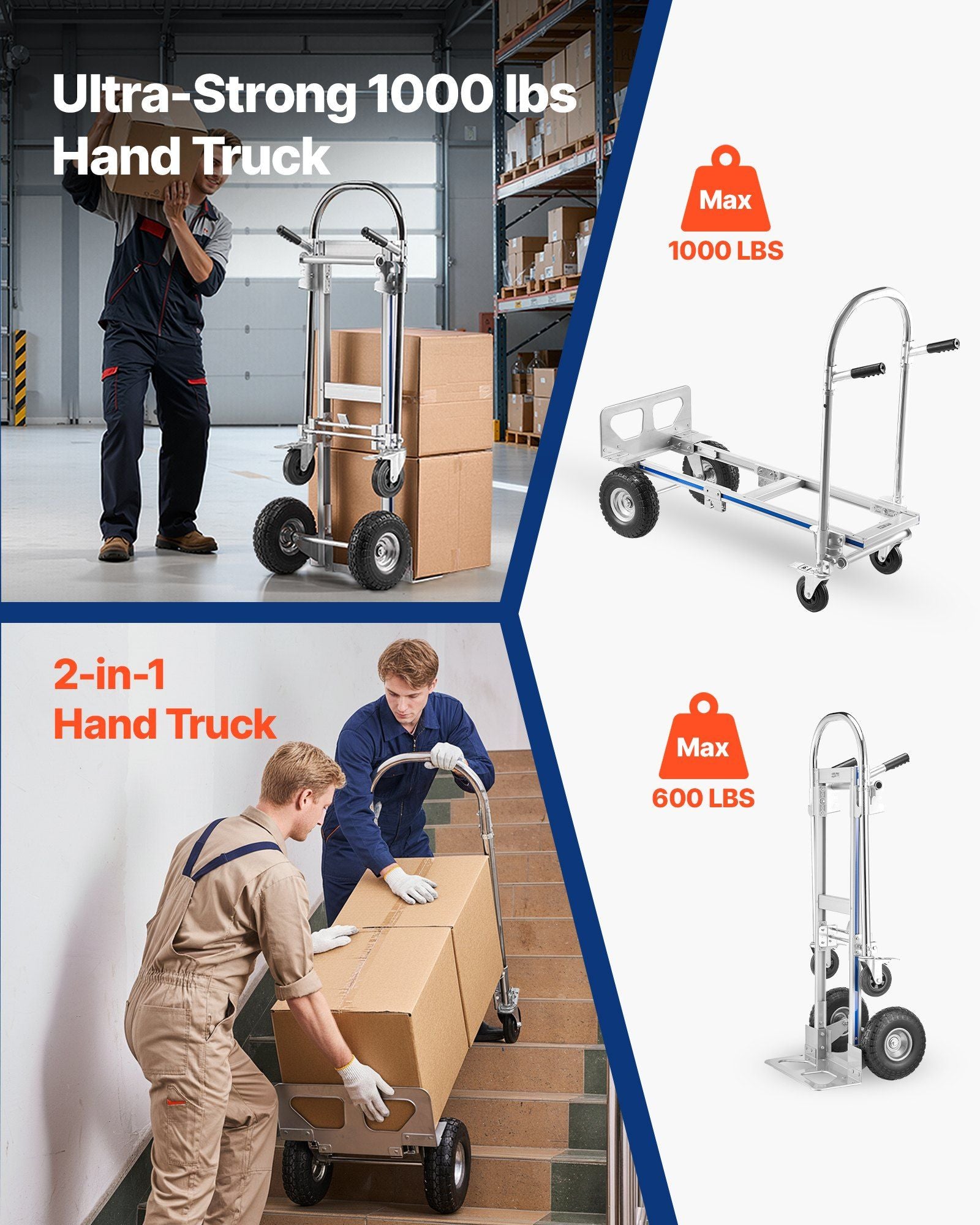 2 in 1 Hand Truck, 453.6 kg Load Capacity for 4-Wheel Mode, Convertible Hand Truck Dolly with Non-Slip Handle V952-DGNSTHC1000BE9U5L001V0