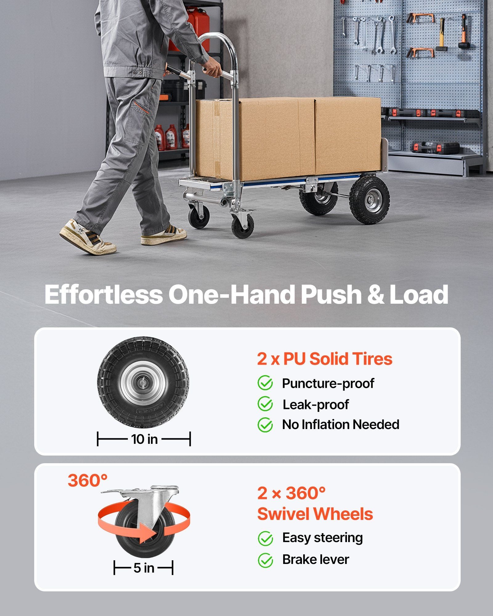 2 in 1 Hand Truck, 453.6 kg Load Capacity for 4-Wheel Mode, Convertible Hand Truck Dolly with Non-Slip Handle V952-DGNSTHC1000BE9U5L001V0