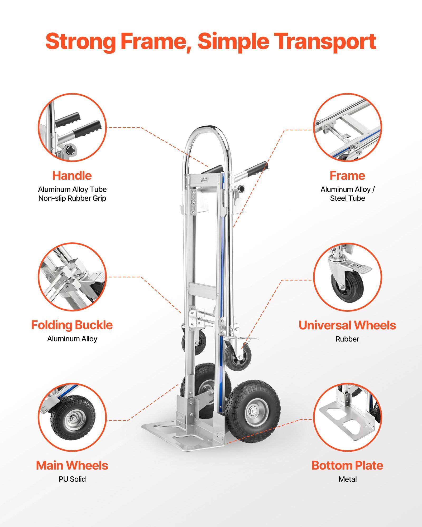 2 in 1 Hand Truck, 453.6 kg Load Capacity for 4-Wheel Mode, Convertible Hand Truck Dolly with Non-Slip Handle V952-DGNSTHC1000BE9U5L001V0