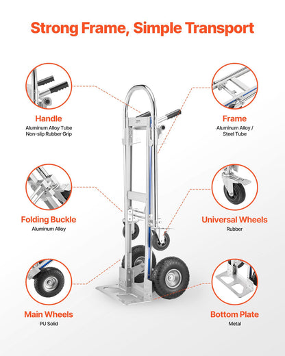 2 in 1 Hand Truck, 453.6 kg Load Capacity for 4-Wheel Mode, Convertible Hand Truck Dolly with Non-Slip Handle V952-DGNSTHC1000BE9U5L001V0