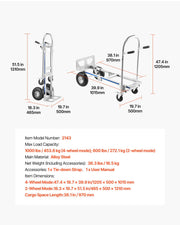 2 in 1 Hand Truck, 453.6 kg Load Capacity for 4-Wheel Mode, Convertible Hand Truck Dolly with Non-Slip Handle V952-DGNSTHC1000BE9U5L001V0