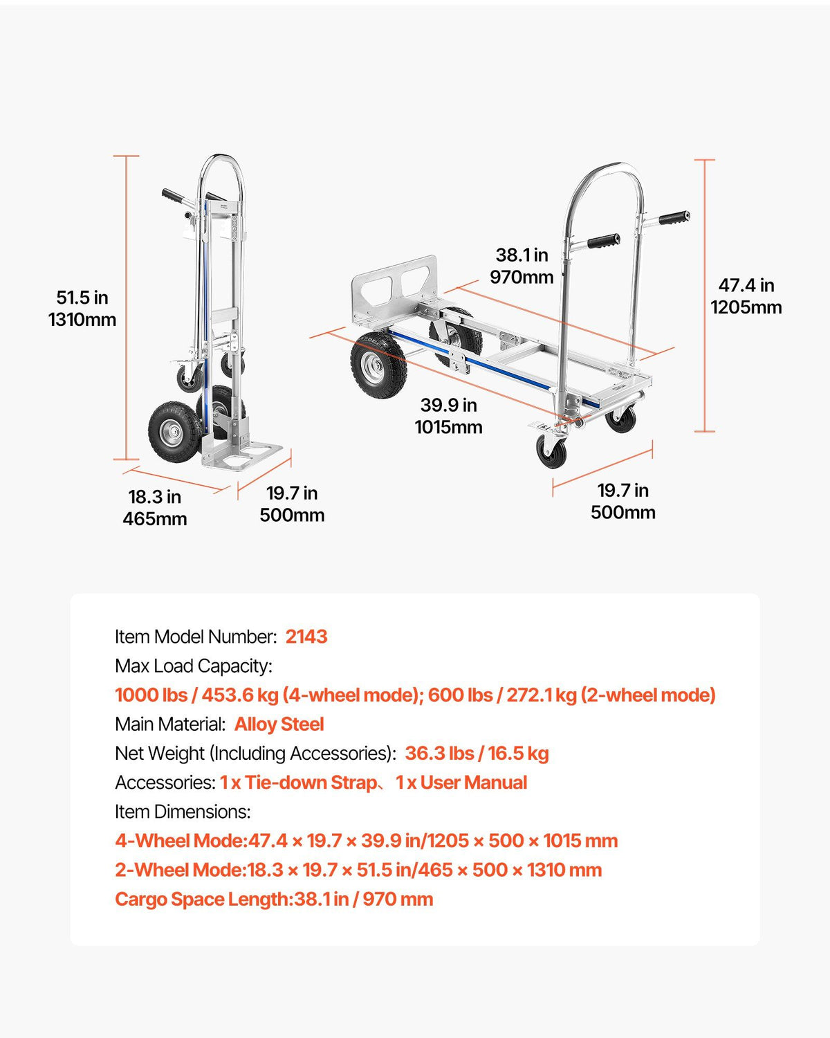 2 in 1 Hand Truck, 453.6 kg Load Capacity for 4-Wheel Mode, Convertible Hand Truck Dolly with Non-Slip Handle V952-DGNSTHC1000BE9U5L001V0