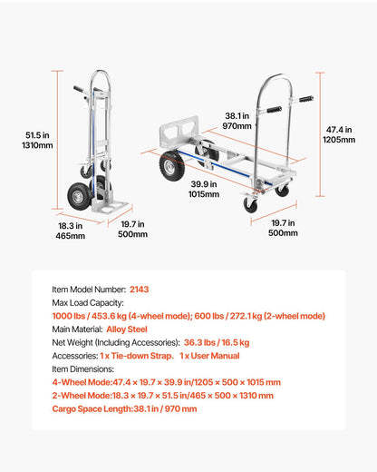 2 in 1 Hand Truck, 453.6 kg Load Capacity for 4-Wheel Mode, Convertible Hand Truck Dolly with Non-Slip Handle V952-DGNSTHC1000BE9U5L001V0