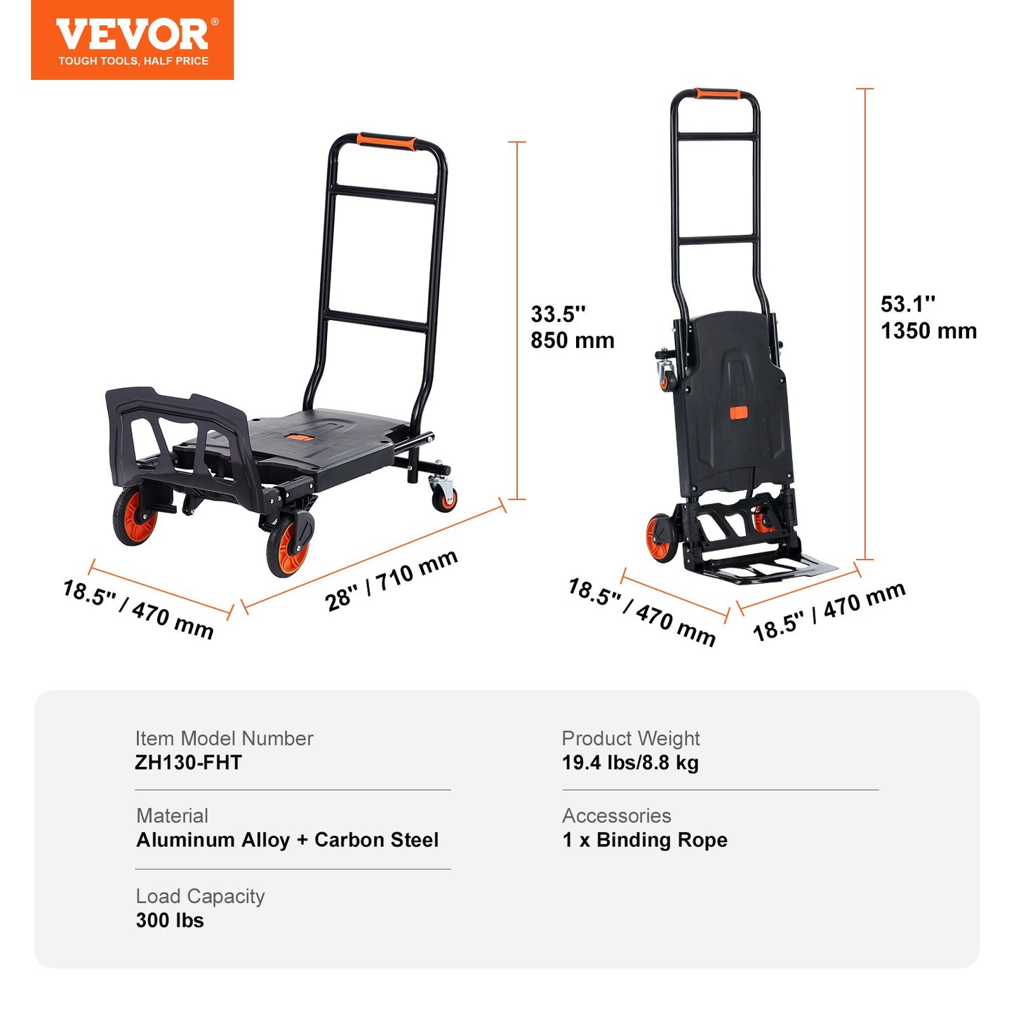 Aluminum Hand Truck, 2 in 1, 136 kg Max Load Capacity, Heavy Duty Industrial Convertible Folding Hand Truck V952-DGNSTHC300BE75URLV0