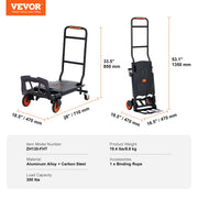 Aluminum Hand Truck, 2 in 1, 136 kg Max Load Capacity, Heavy Duty Industrial Convertible Folding Hand Truck V952-DGNSTHC300BE75URLV0