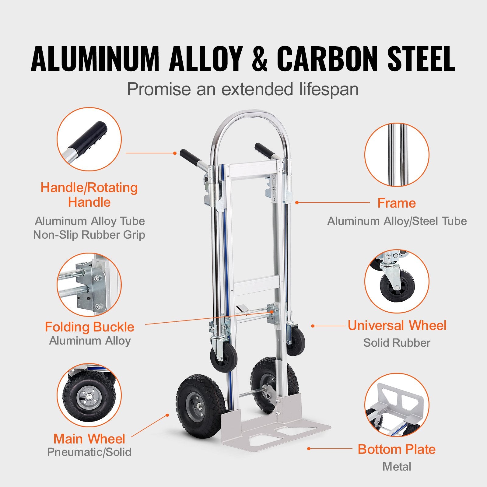 Aluminum Hand Truck, 2 in 1, 363 kg Max Load Capacity, Heavy Duty Industrial Convertible Folding Hand Truck V952-DGNSTHC800BEQ4JJTV0